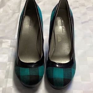 Charlotte Russe, size 6.5, turquoise and black checkered, 4 inch wedge heels